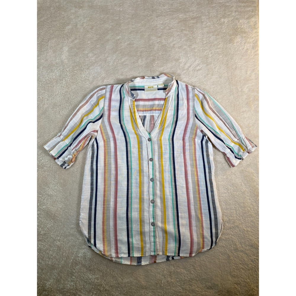 Maeve Anthropologie Striped Ruffle Neck Button Down Blouse Multi Color Size 2